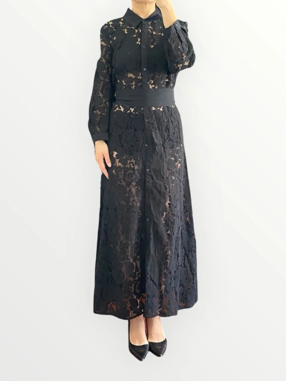 Zara Black Lace Collared Waist Tie Long Dress Size L - Picture 2 of 13
